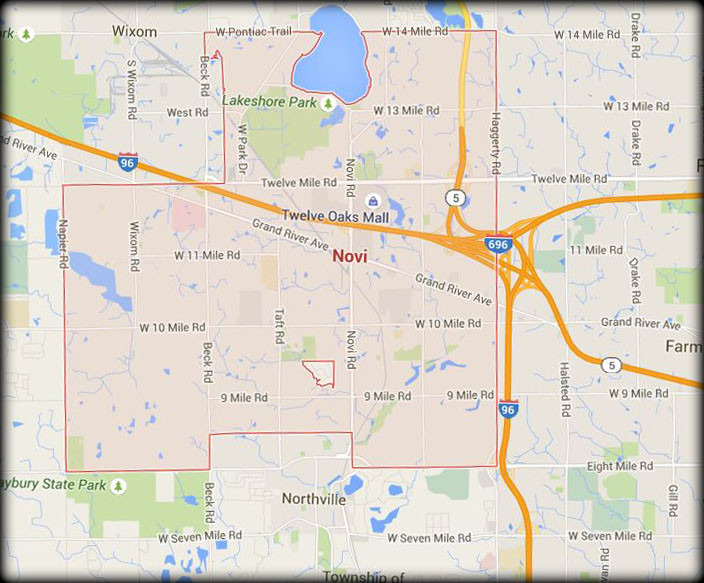 Map showing our Novi, MI service area